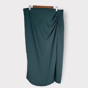 Mango MNG Dark Green Ruched Side Midi Straight Skirt Women's Plus Size XXL NWOT